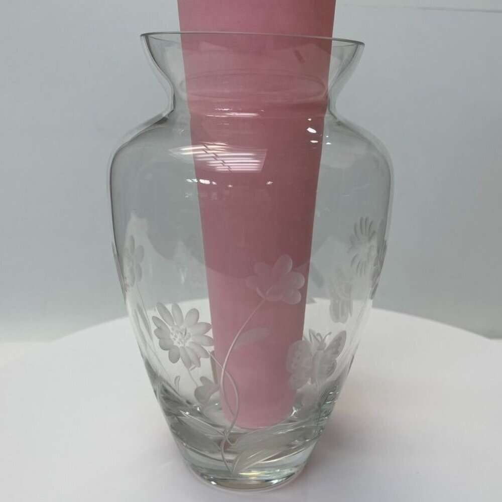 Lenox Floral Etched Clear Crystal Glass Vase Made in Romania, Elegant Decor